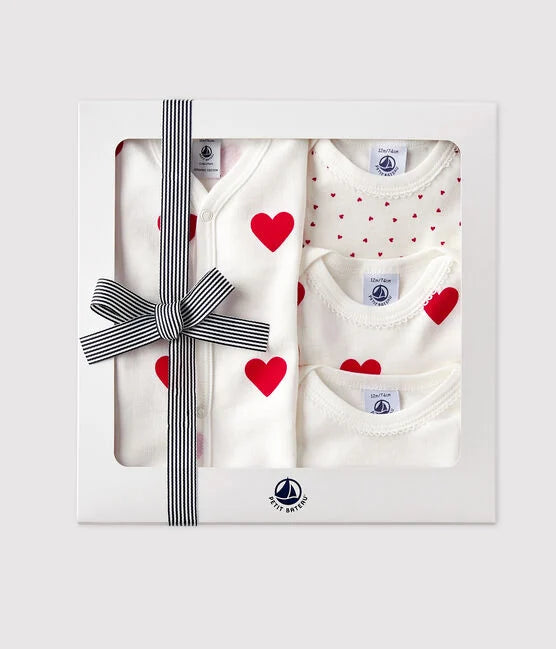 Coffret cadeau Coeurs bébé (Pyjama + 3 bodies) - Petit Bateau