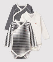 Pack of 3 long-sleeved striped crossover bodysuits - Petit Bateau