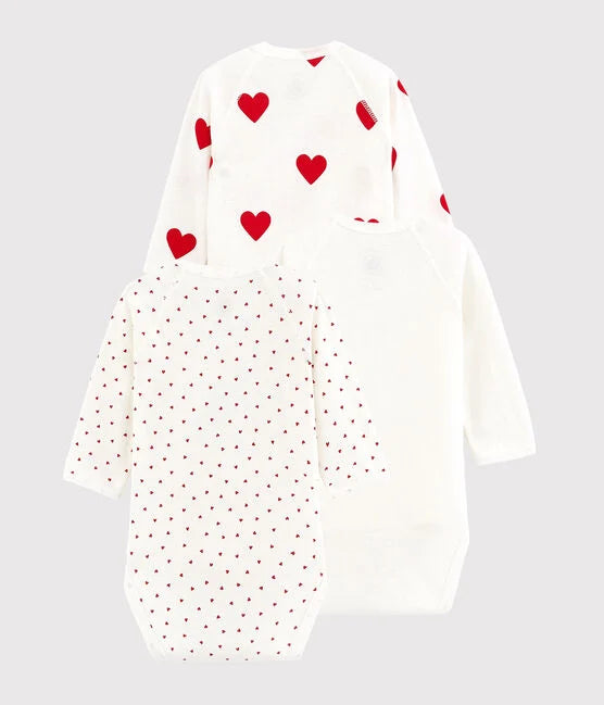 Set of 3 long-sleeved crossover bodysuits in Organic Cotton Hearts - Petit Bateau