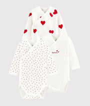 Set of 3 long-sleeved crossover bodysuits in Organic Cotton Hearts - Petit Bateau