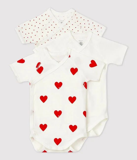 Set of 3 short-sleeved crossover bodysuits in Hearts Cotton - Petit Bateau