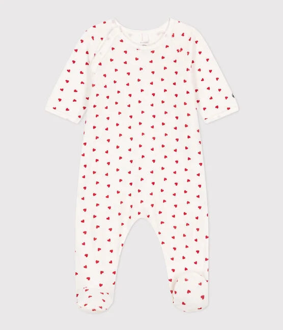 Fluwelen babypyjama met hart | Marshmallow Wit/Terkuit Rood - Petit Bateau