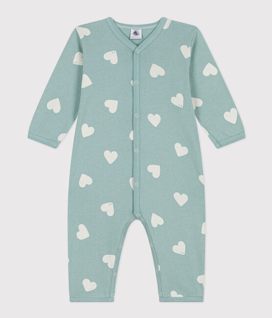Footless baby pajamas printed with hearts in Green Cotton - Petit Bateau