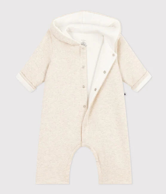 Baby's long padded cotton hooded jumpsuit | Beige Montelimar heather - Petit Bateau
