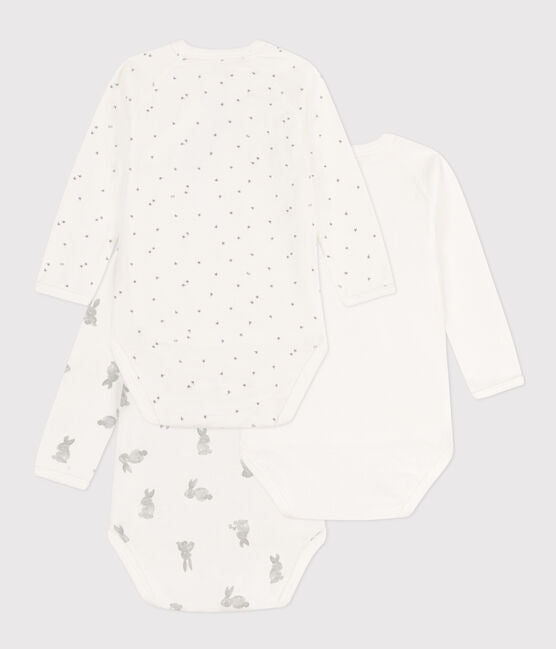 Set van 3 gekruiste katoenen bodysuits met konijnenmotief en lange mouwen - Petit Bateau