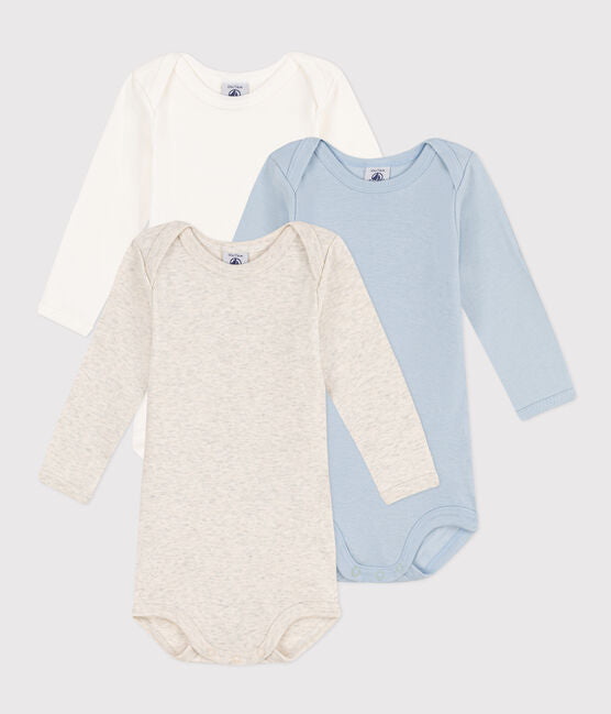 Set of 3 plain cotton long-sleeved baby bodysuits - Petit Bateau