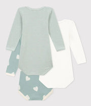 Pack of 3 long-sleeved baby bodysuits Green Hearts - Petit Bateau