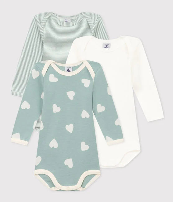 Pack of 3 long-sleeved baby bodysuits Green Hearts - Petit Bateau