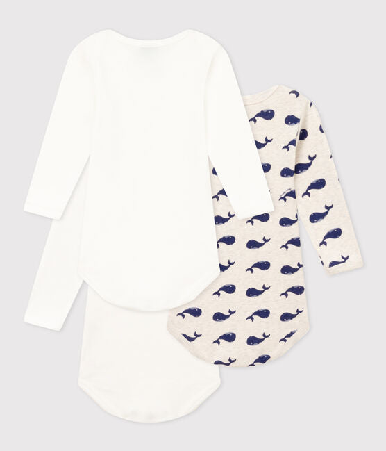 Set of 3 long-sleeved baby bodysuits Whales in Cotton - Petit Bateau