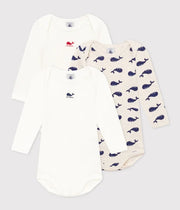 Set of 3 long-sleeved baby bodysuits Whales in Cotton - Petit Bateau
