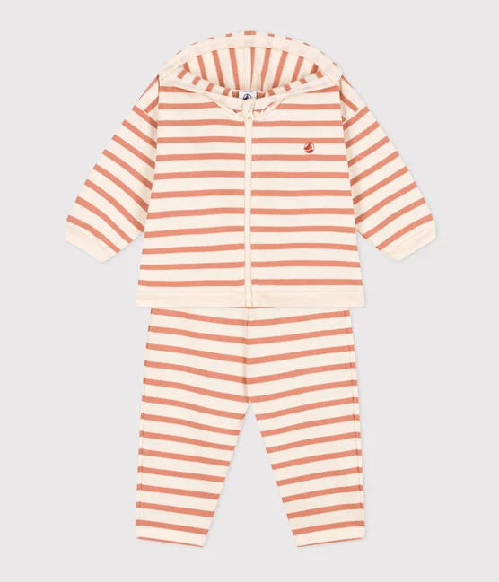 Baby gestreepte gestreepte matrozenset van dikke jersey | Avalanche roze/Sienna wit - Petit Bateau