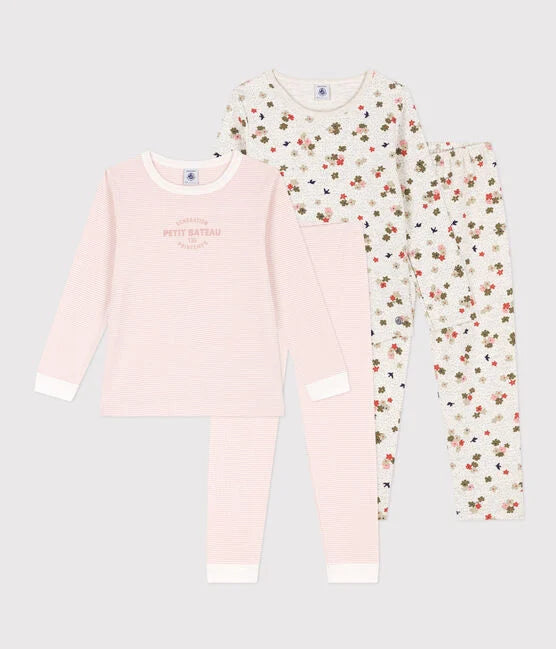 Set of 2 flower and striped cotton pajamas for little girls - Petit Bateau