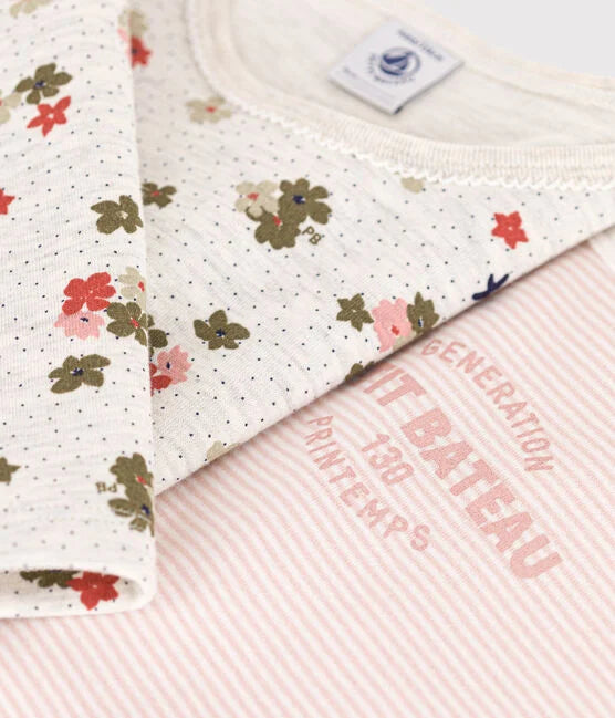 Set van 2 katoenen pyjama's met bloemen en strepen voor kleine meisjes - Petit Bateau