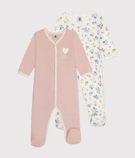 Lot de 2 pyjamas bébé en côte Fleurs et Coeur - Petit Bateau