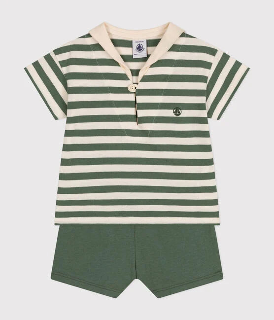 Ensemble Tee-shirt + Short en jersey bébé Vert/Blanc - Petit Bateau