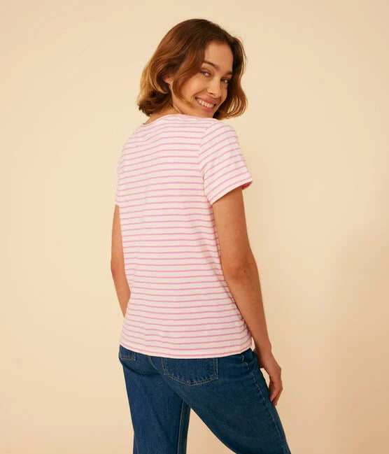Tee-shirt Le Droit col rond en coton rayé Femme Blanc/Rose - Petit Bateau