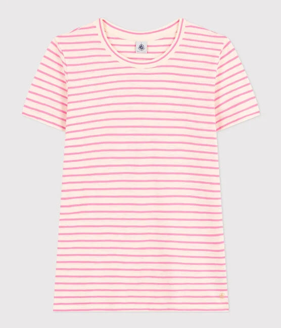 Tee-shirt Le Droit col rond en coton rayé Femme Blanc/Rose - Petit Bateau