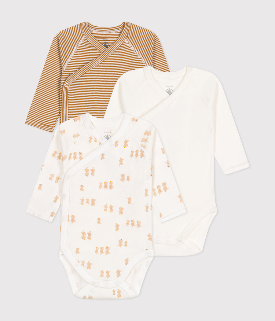 Set of 3 crossed long-sleeved cotton rabbit bodysuits - Petit Bateau