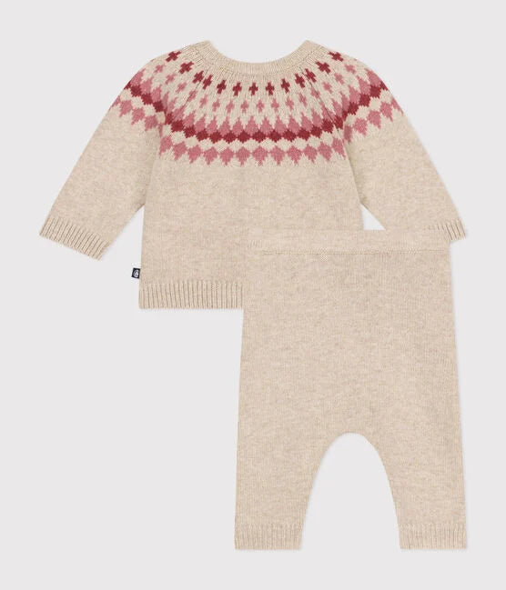 Gebreide set van wol en katoen met babyhartpatroon - Petit Bateau