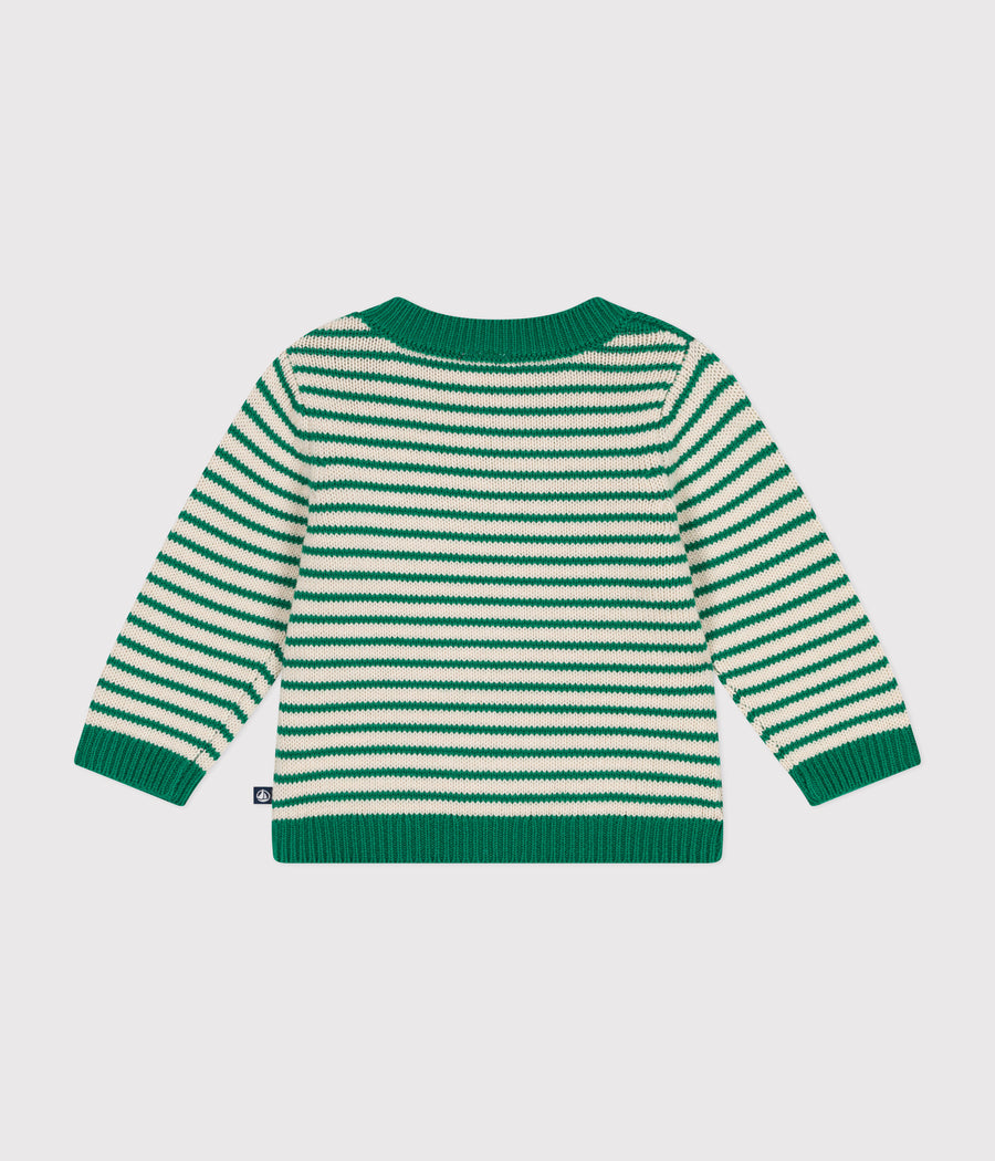 Pull en tricot de Laine et Coton Bébé vert jardin / avalanche - Petit Bateau