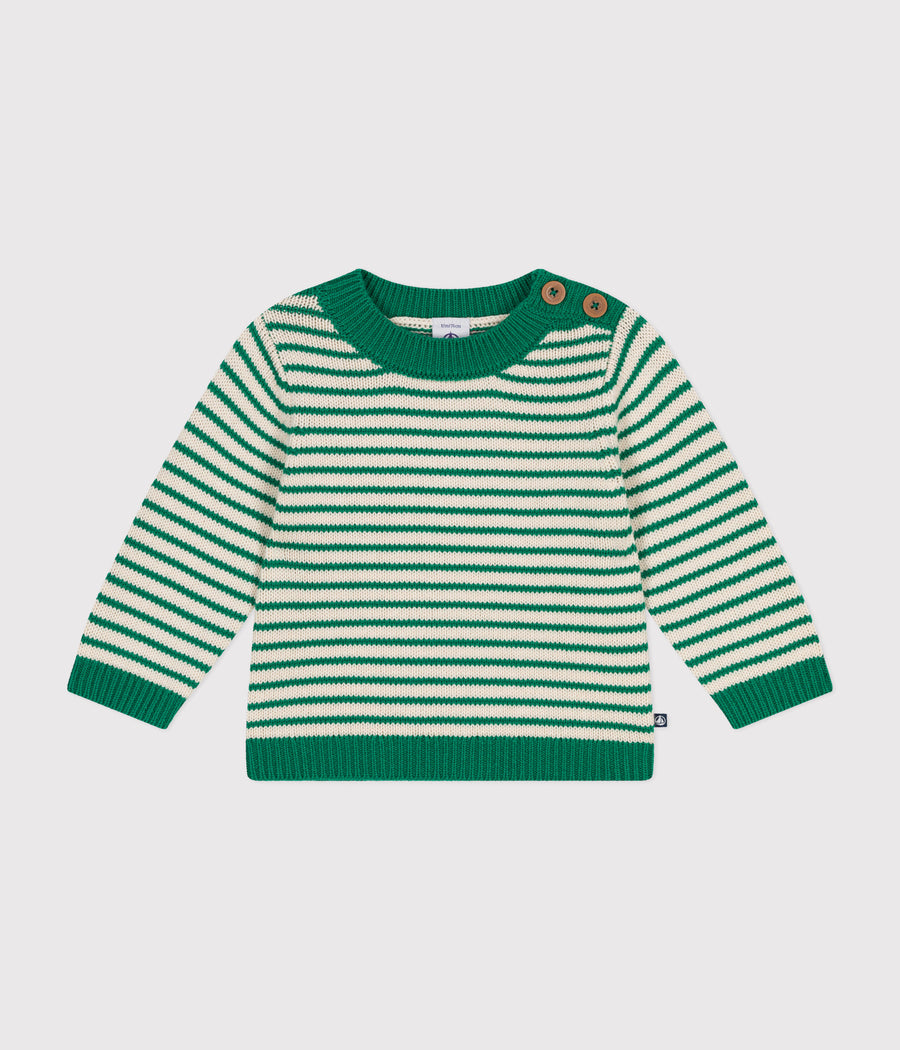 Pull en tricot de Laine et Coton Bébé vert jardin / avalanche - Petit Bateau