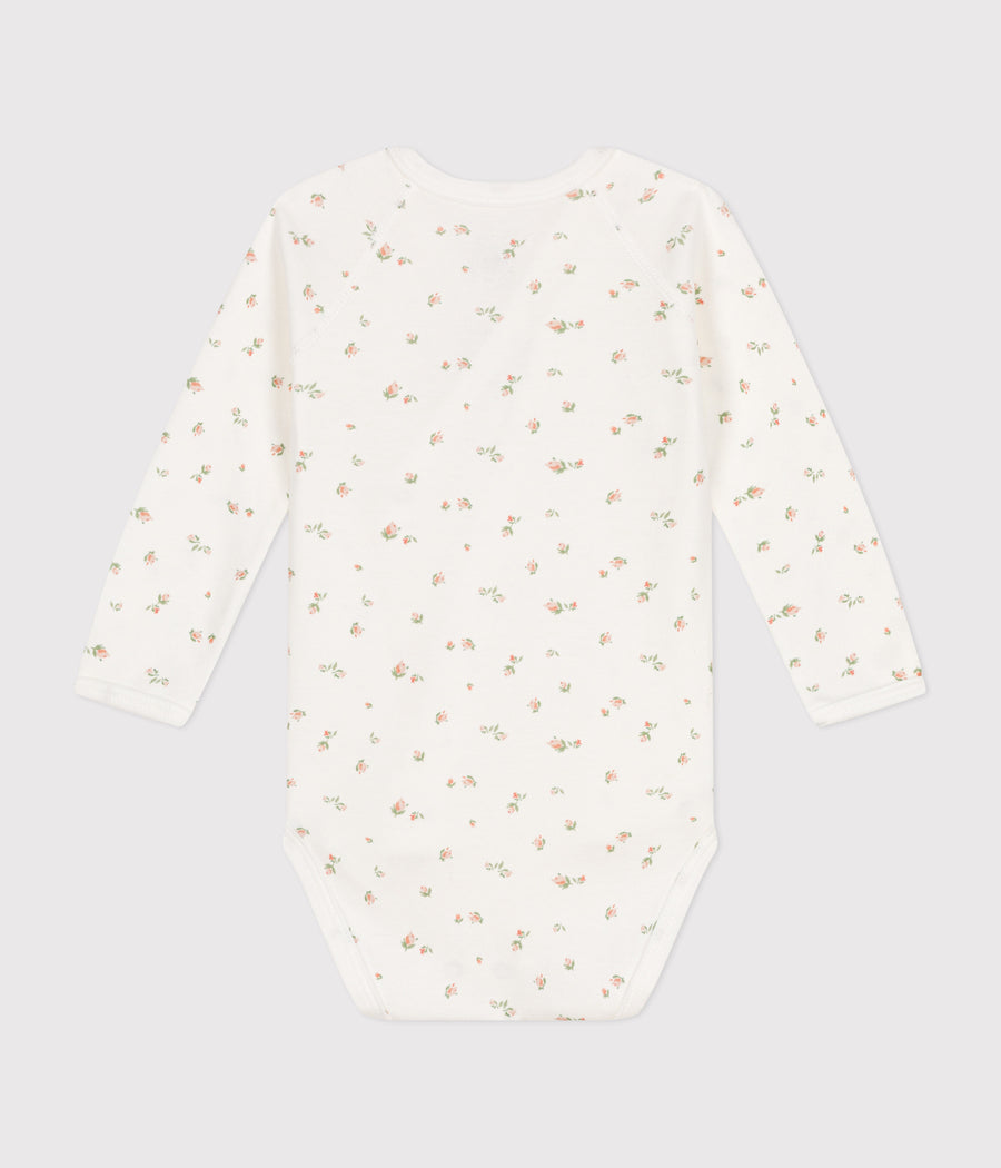 Marshmallow/Saline baby cotton long-sleeved crossover bodysuit - Petit Bateau