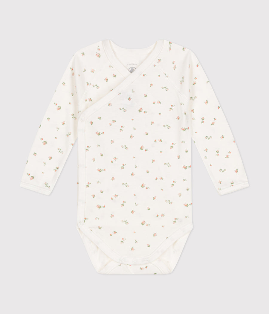 Marshmallow/Saline baby cotton long-sleeved crossover bodysuit - Petit Bateau