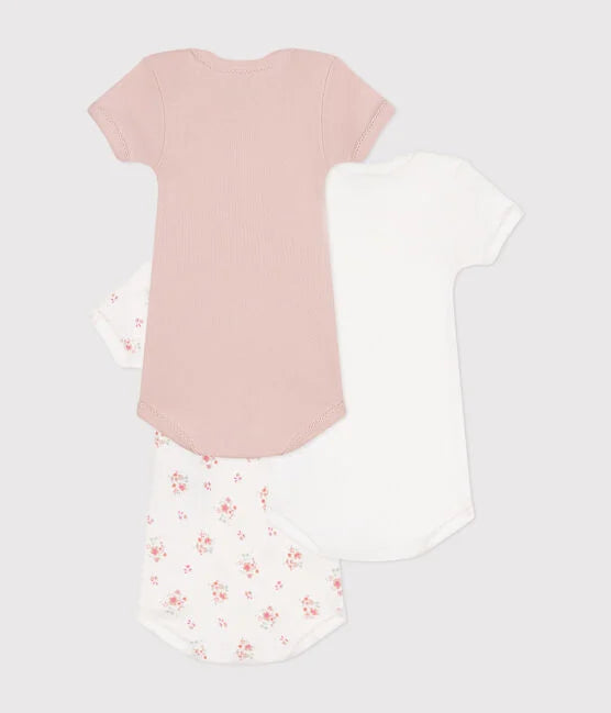 Set of 3 short-sleeved floral cotton baby bodysuits - Petit Bateau