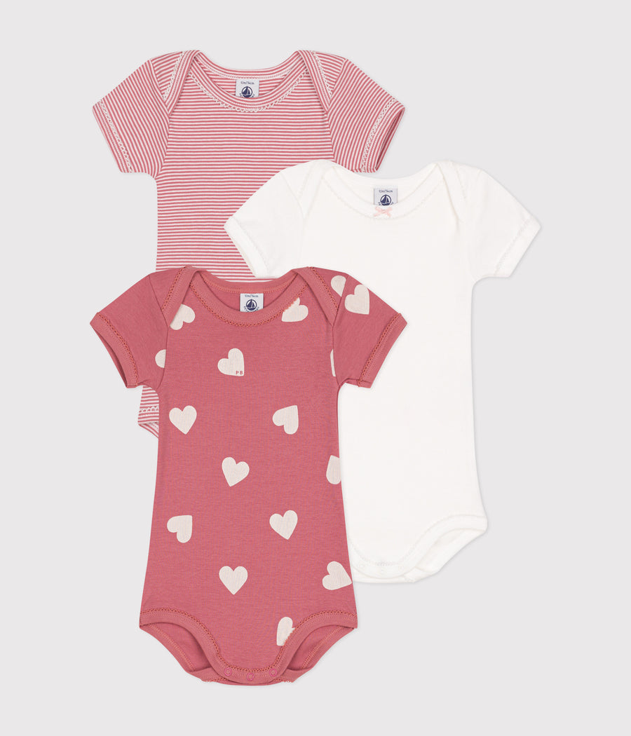 Lot de 3 bodies manches courtes cœurs en coton Bébé Rosewood - Petit Bateau