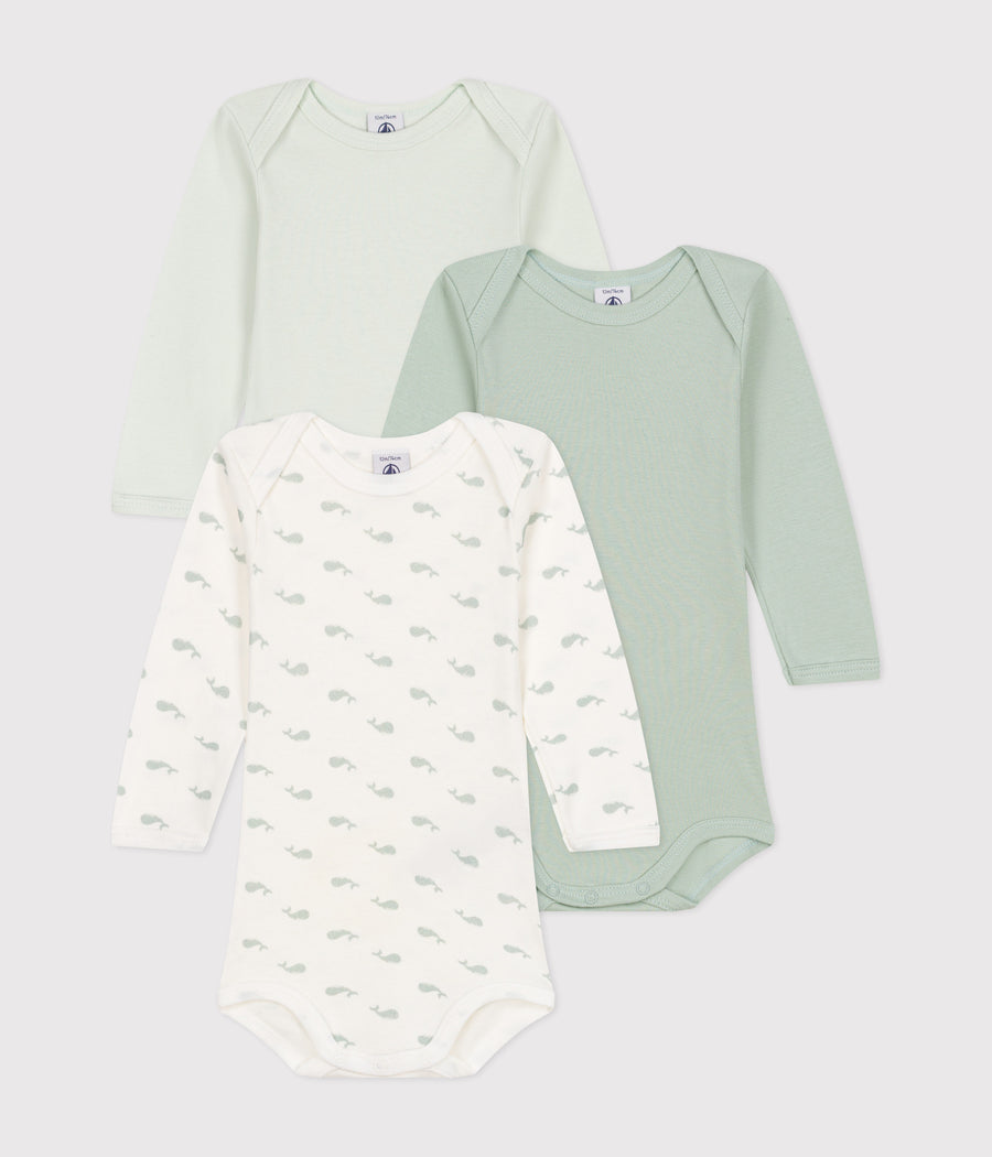 Set of 3 long-sleeved baby bodysuits Whales in Cotton - Petit Bateau