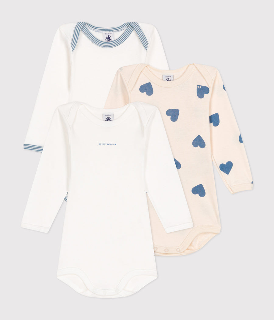 Set of 3 long-sleeved baby bodysuits Whales in Cotton - Petit Bateau