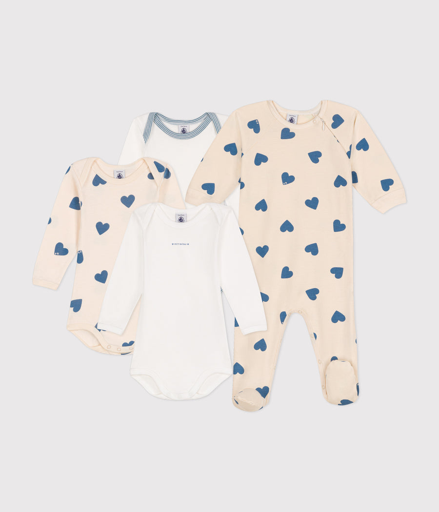 Coffret pyjama et 3 bodies cœurs blues bébé - Petit Bateau