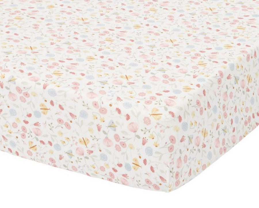 Fitted bed sheet 70x140/150cm Flowers &amp; Butterflies - Little Dutch