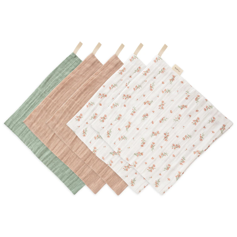 Lot de 5 débarbouillettes en Mousseline de coton Pink Flowers - Mushie