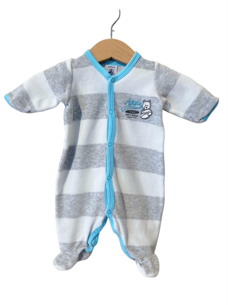 Pyjama velours rayé gris et blanc (Naissance/50cm) - Petit Bateau