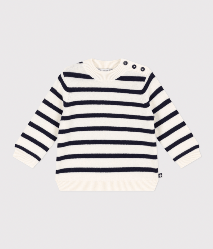 Baby striped wool and cotton sweater | Marshmallow/Tuxedo - Petit Bateau
