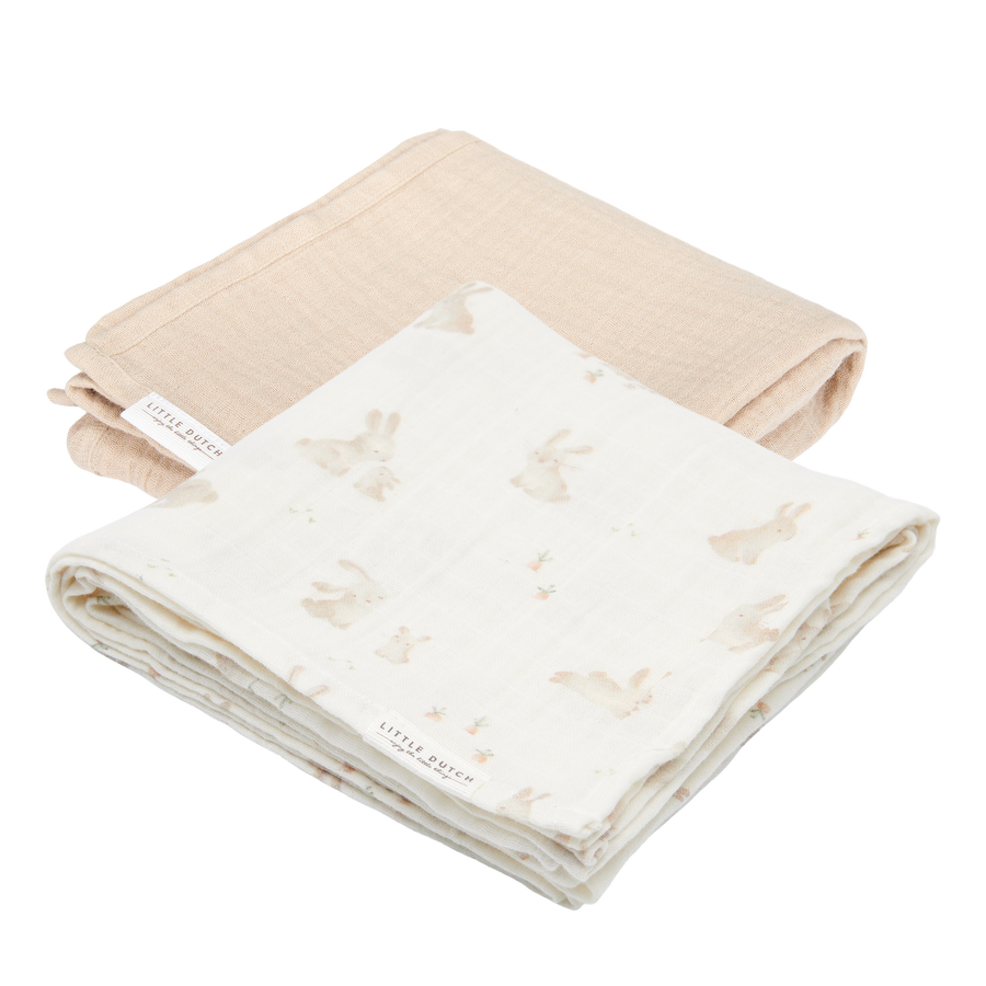 Set of 2 swaddle diapers 70x70cm muslin Baby Bunny / Beige - Little dutch