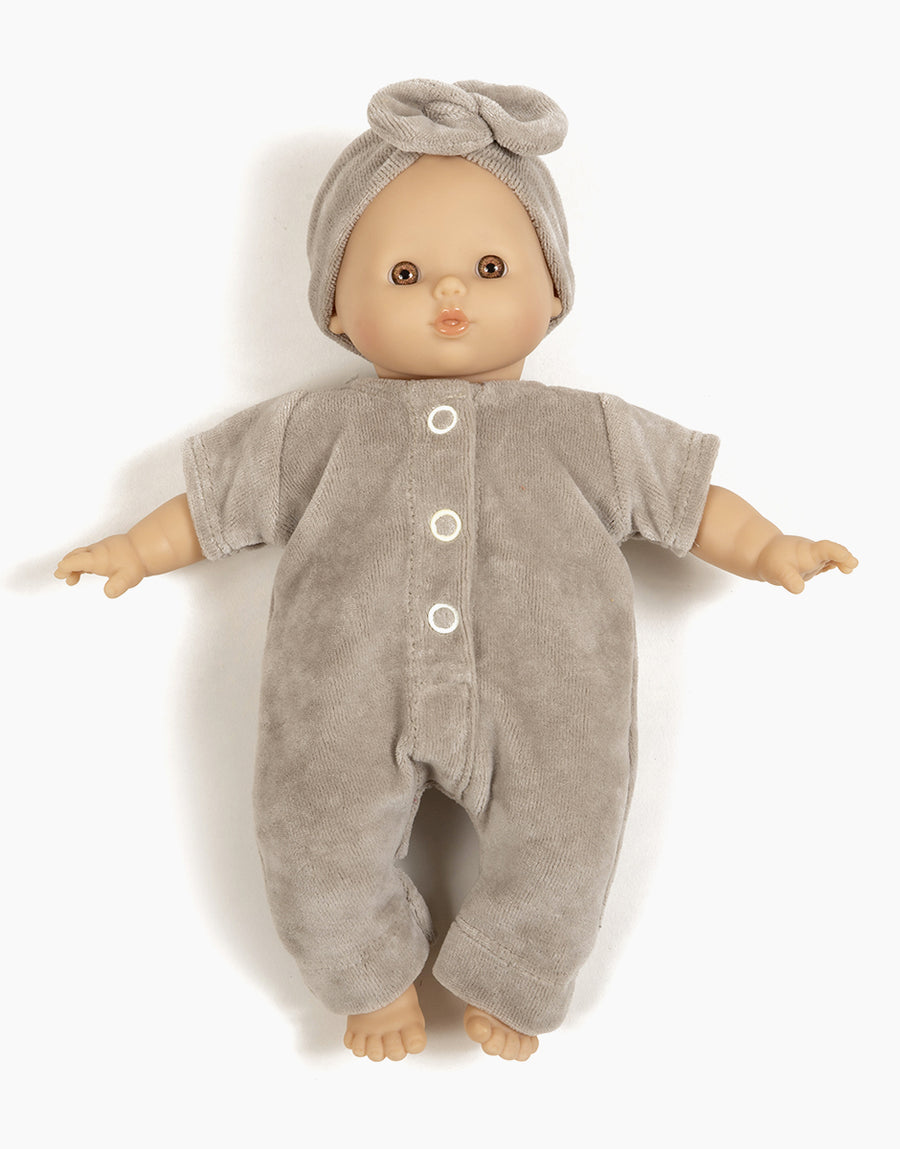 Lili jumpsuit in pearl gray nikky velvet and headband for Babies doll - Minikane