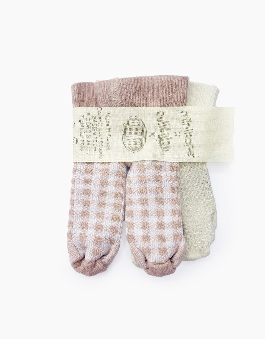 Minikane Set of 2 soft lamb lurex / old pink check tights for dolls - Minikane