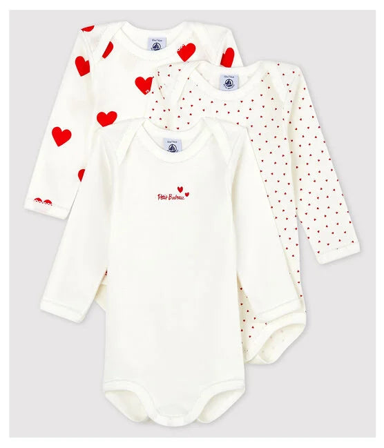 Set of 3 long-sleeved baby bodysuits in Organic Cotton Hearts - Petit Bateau