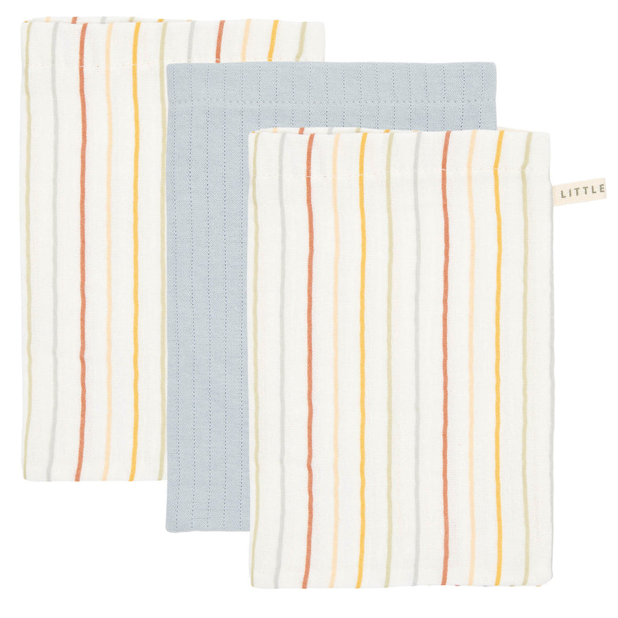 Set of 3 Vintage Sunny Stripes/Pure Soft Blue washcloths - Little dutch
