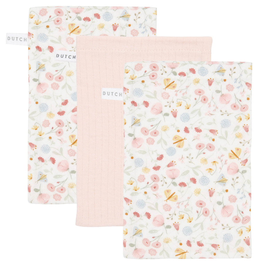 Set of 3 washcloths Flowers &amp; Butterflies / Pure Soft Pink - Little dutch